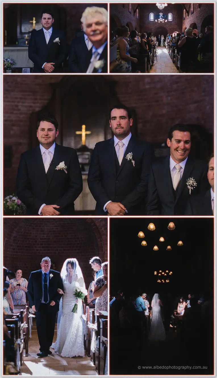 Michael and his groomsmen waiting at the chapel altar as the bridal party enters