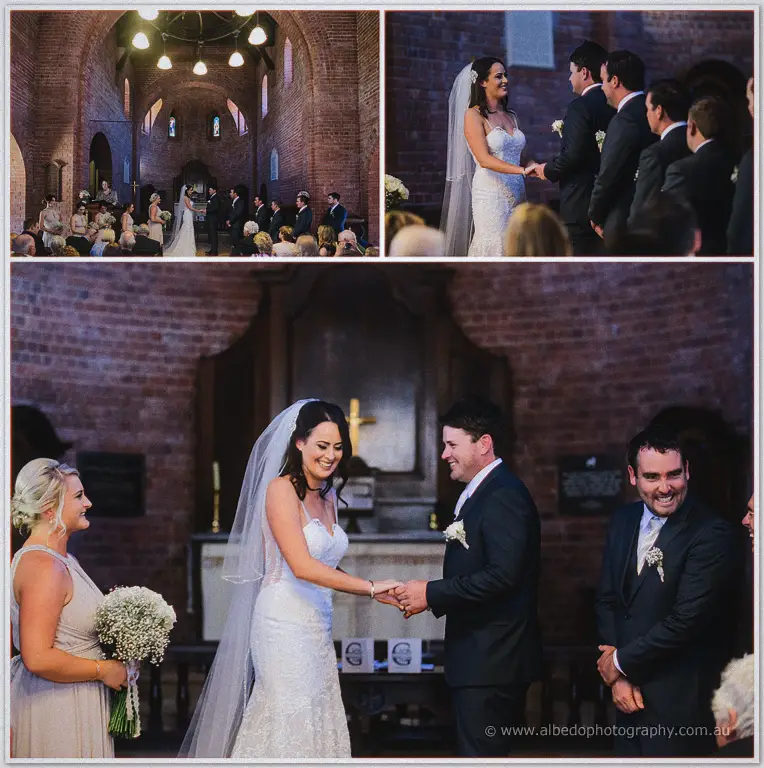 Prue and Michael laughing as they hold hands during their Fairbridge chapel ceremony