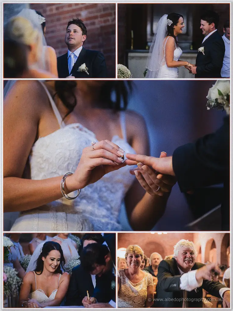 Prue sliding the wedding ring onto Michael's finger in a close-up of their hands