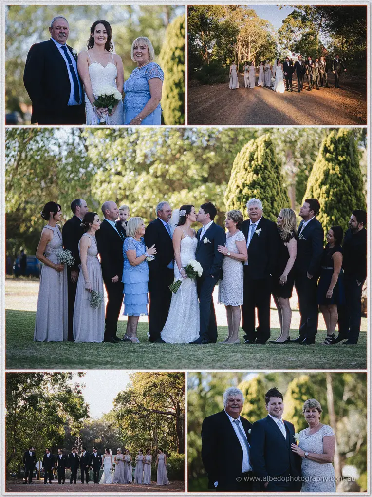 Prue with her parents and the whole wedding party posing on the Fairbridge lawns