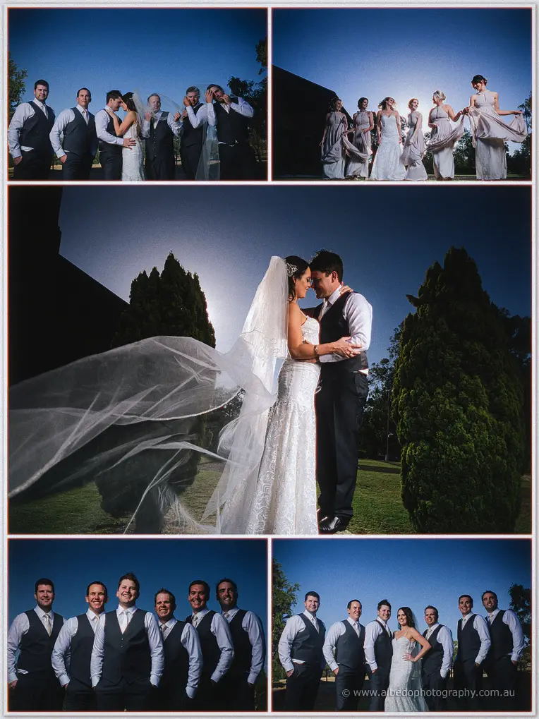 Bridal party portraits at dusk with Michael's veil blowing as groomsmen and bridesmaids laugh