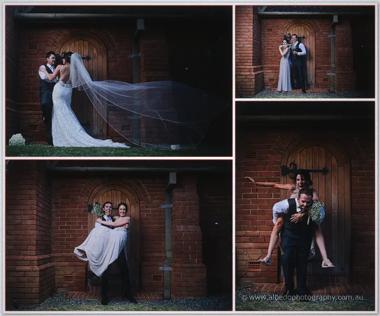 Michael lifting a laughing Prue in front of the red brick chapel's arched timber door