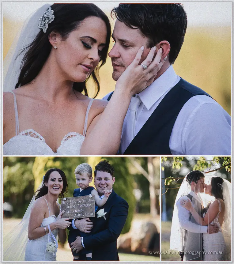 Tender close-up of Prue cradling Michael's face, plus a page boy sign and veil kiss
