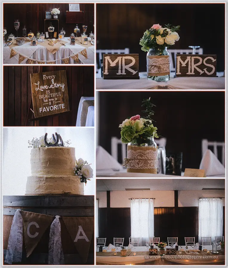 Rustic wedding details: lolly bar, MR and MRS signs, lace jars and a horseshoe cake topper