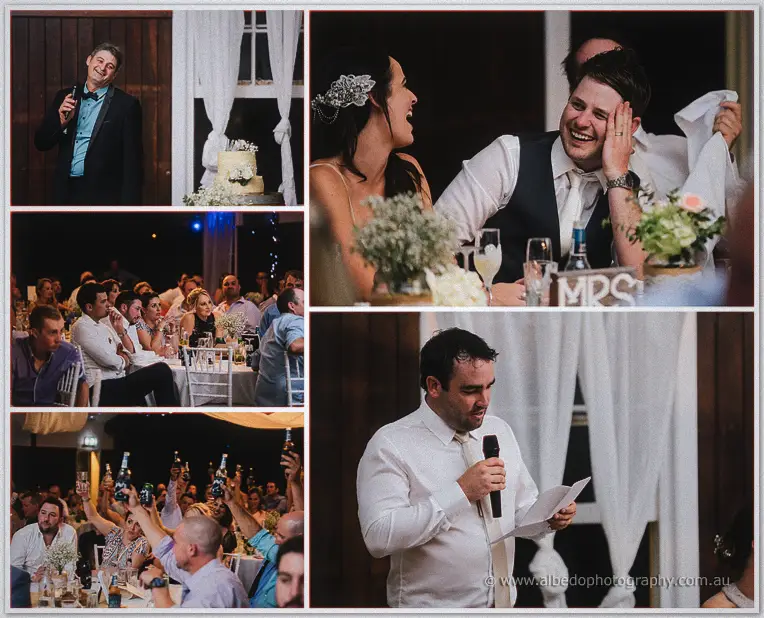 Groomsmen and groom doubling over in laughter during speeches as guests raise their beers