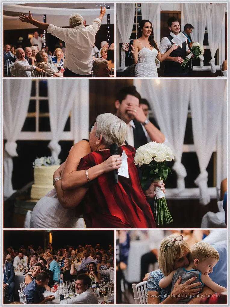 Reception joy as Prue hugs a guest in red, Michael wipes away tears and guests applaud