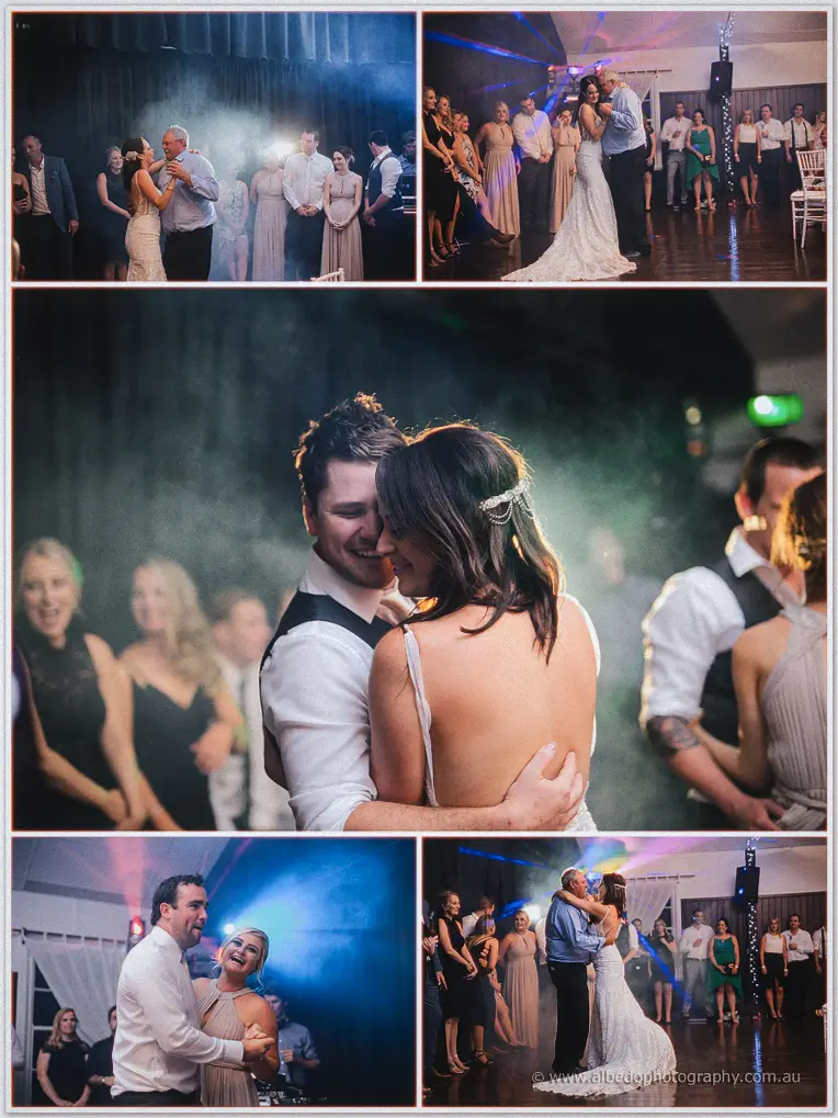 Prue dancing with her father amid haze and fairy lights while wedding guests watch on