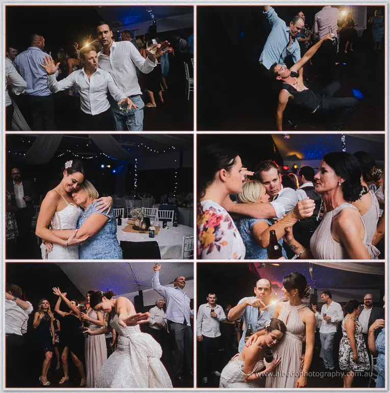 Wedding guests dancing hard at the Fairbridge reception with the bridal party joining in