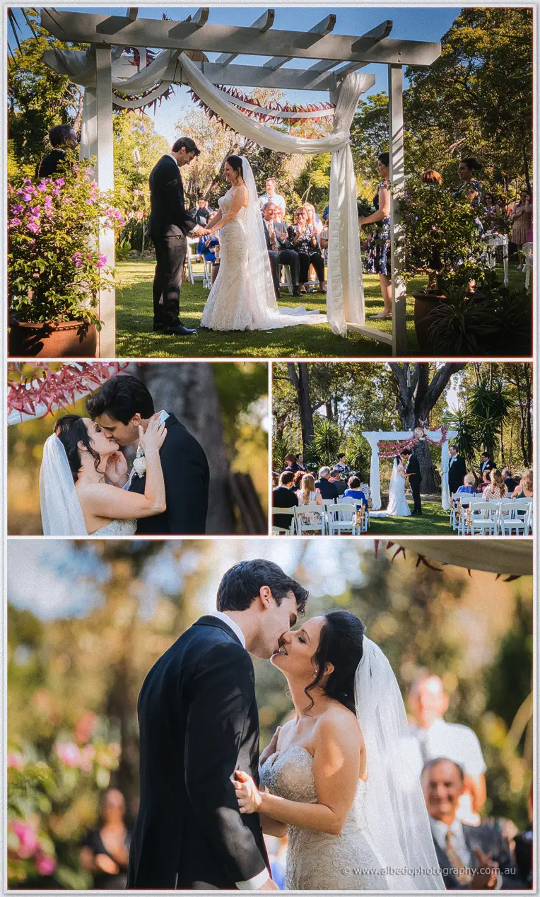 Collage of Damian and Krystal's garden ceremony: vows under a draped arbour and two kisses
