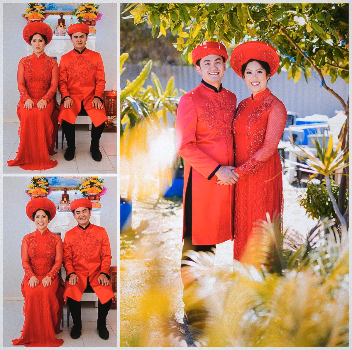 Collage of Natalie and Andrew seated at the tea ceremony and holding hands in a sunlit garden