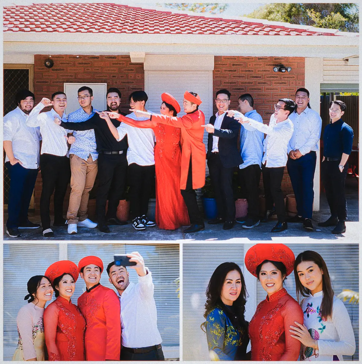 Natalie and Andrew goof around with their friends outside the family home after the tea ceremony
