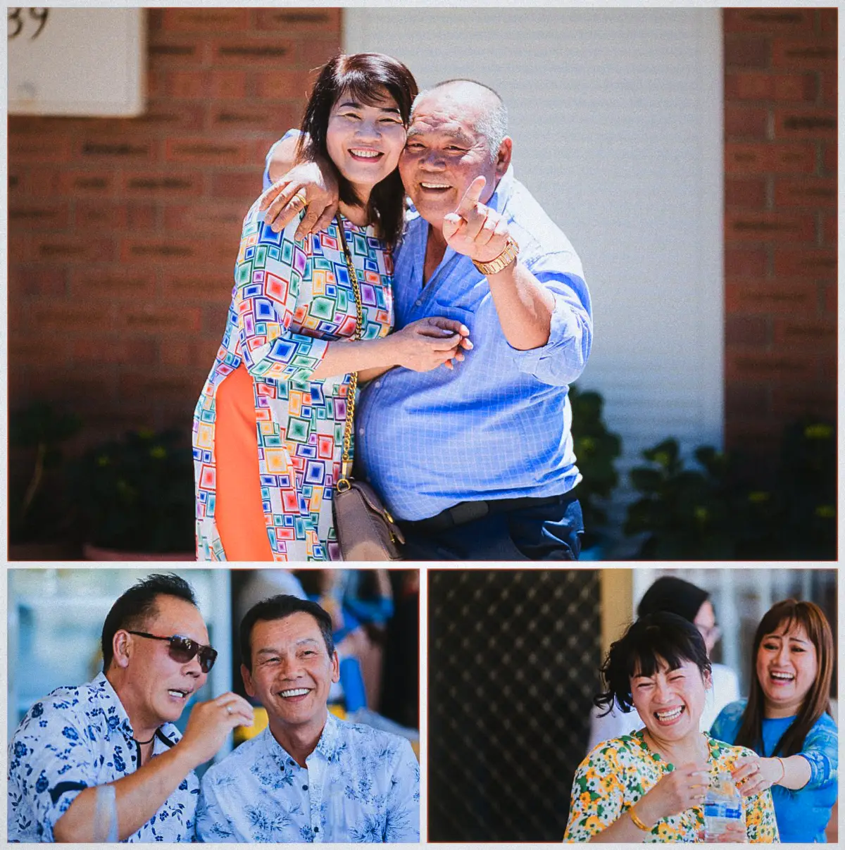Collage of smiling family guests embracing and laughing in the sunshine outside the house