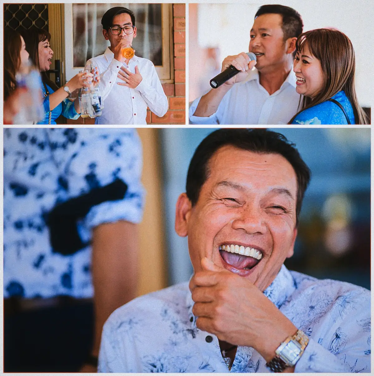 Wedding guests sing karaoke and roar with laughter during the celebrations at the family home