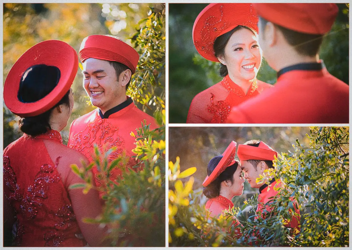 Natalie and Andrew in red ao dai laugh and touch foreheads among sunlit coastal greenery