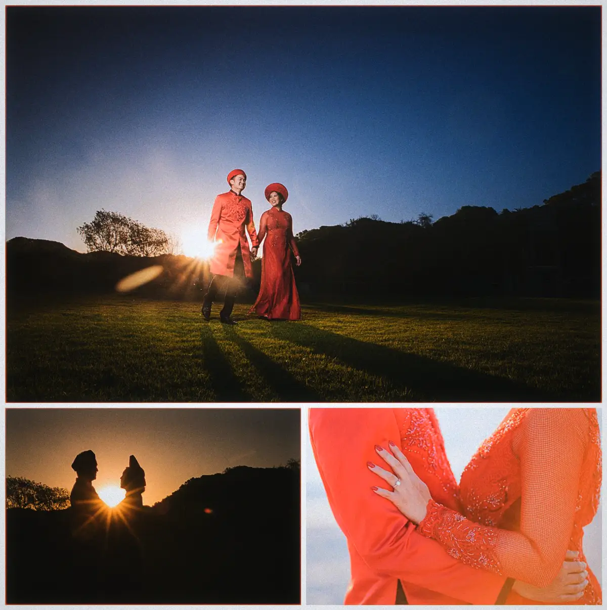 Natalie and Andrew stroll the lawn at sunset with warm light flaring behind them