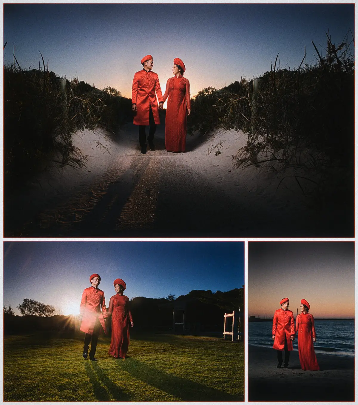 Natalie and Andrew wander a sandy track between dunes at dusk in their red wedding dress