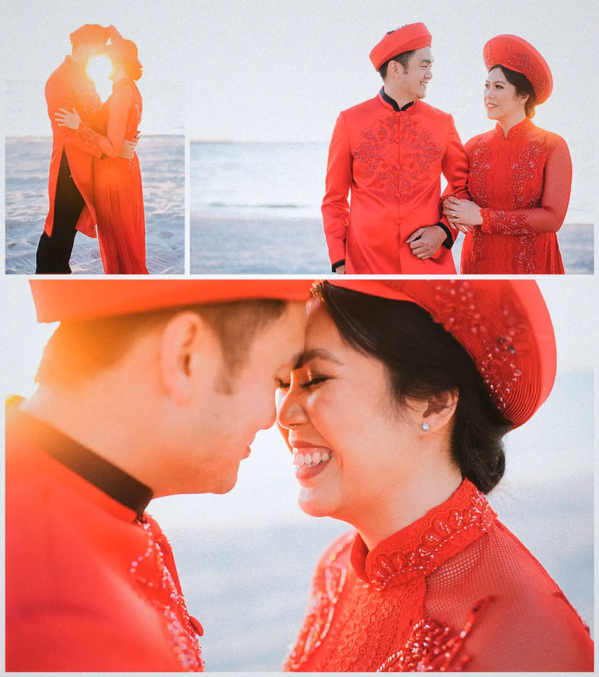 Natalie and Andrew kiss in golden beach light and beam at each other on the sand