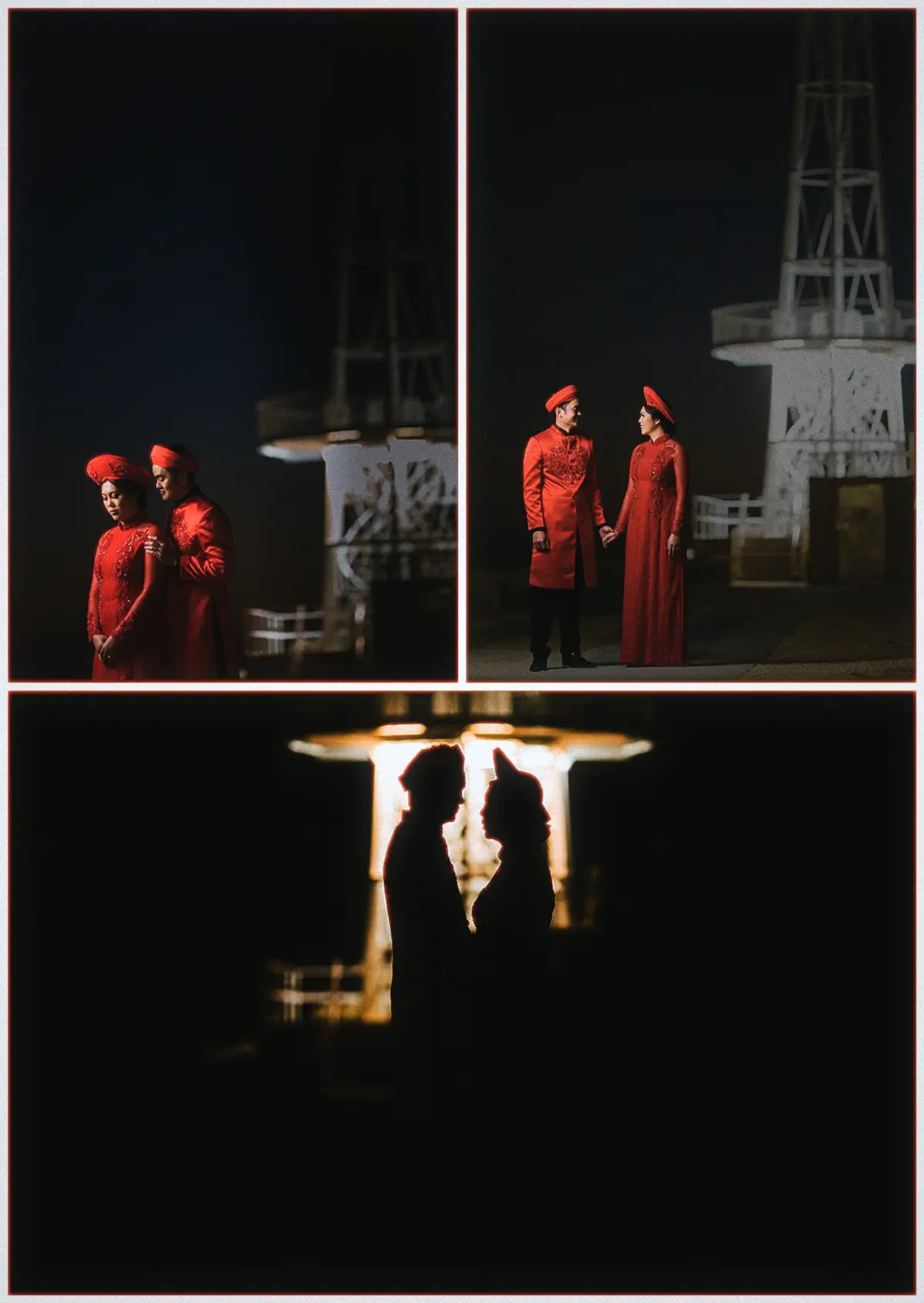 Collage of Natalie and Andrew embracing by a floodlit tower and silhouetted at night