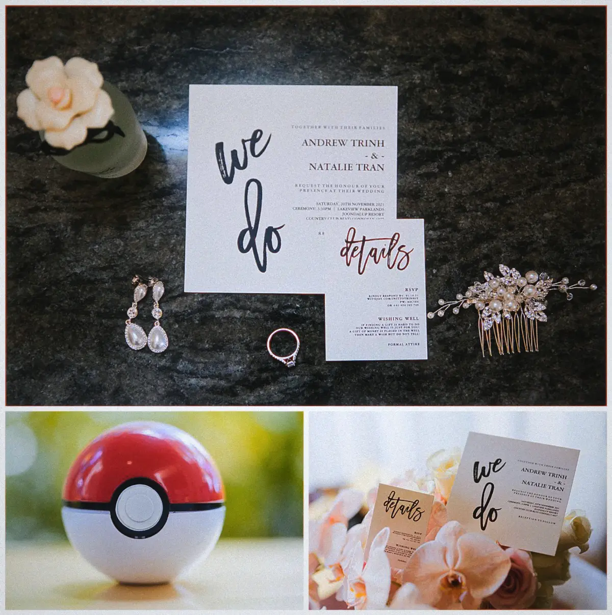 Flat lay of Natalie and Andrew's invitations with pearl earrings, ring, hair comb and flowers