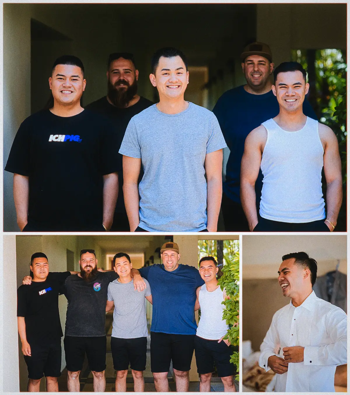 Andrew laughs with his groomsmen as they get ready together in casual clothes