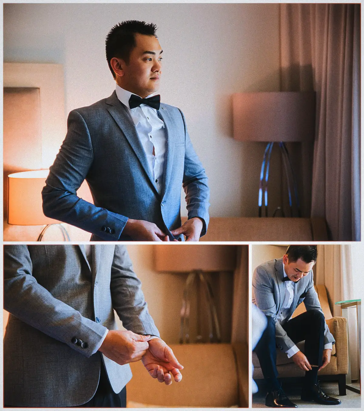 Andrew buttons his grey suit and fixes his cuffs in warm hotel room light