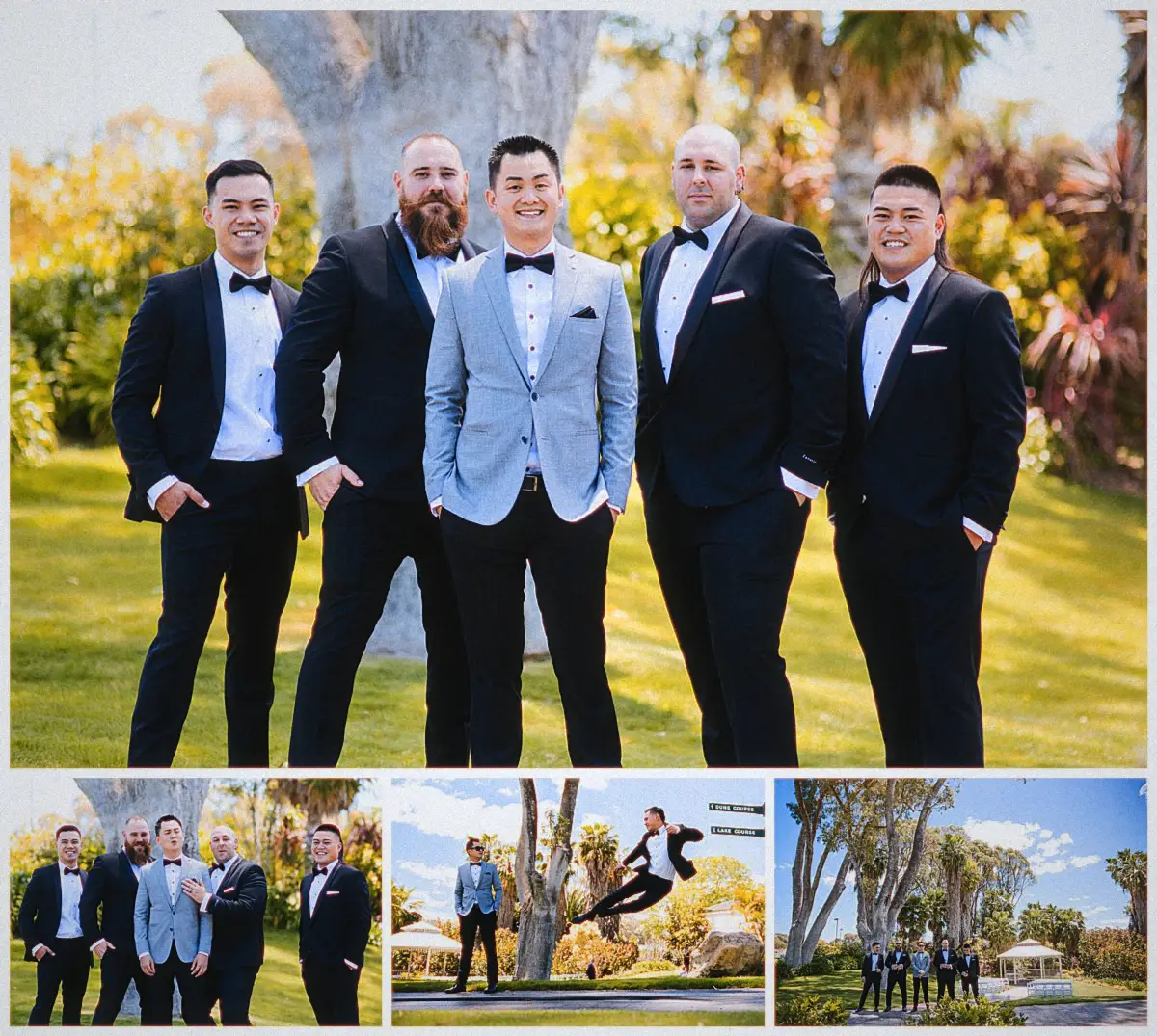 Andrew and his groomsmen in black suits pose and leap playfully on the resort lawns