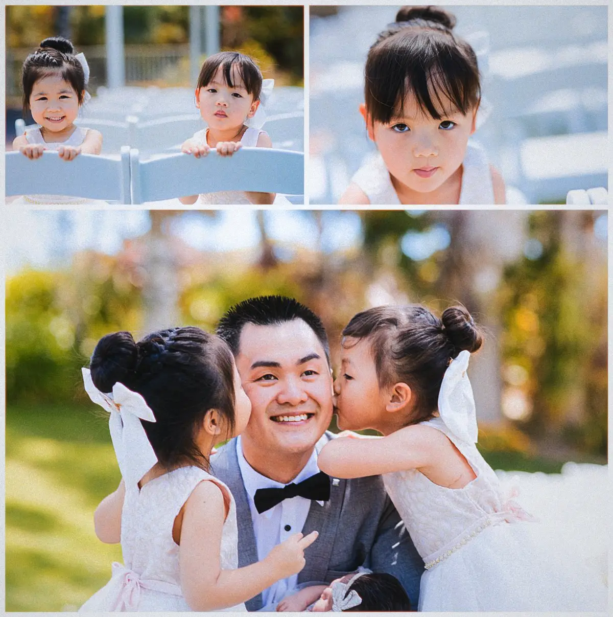 Flower girls peek over white ceremony chairs and kiss Andrew on the cheeks on the lawn