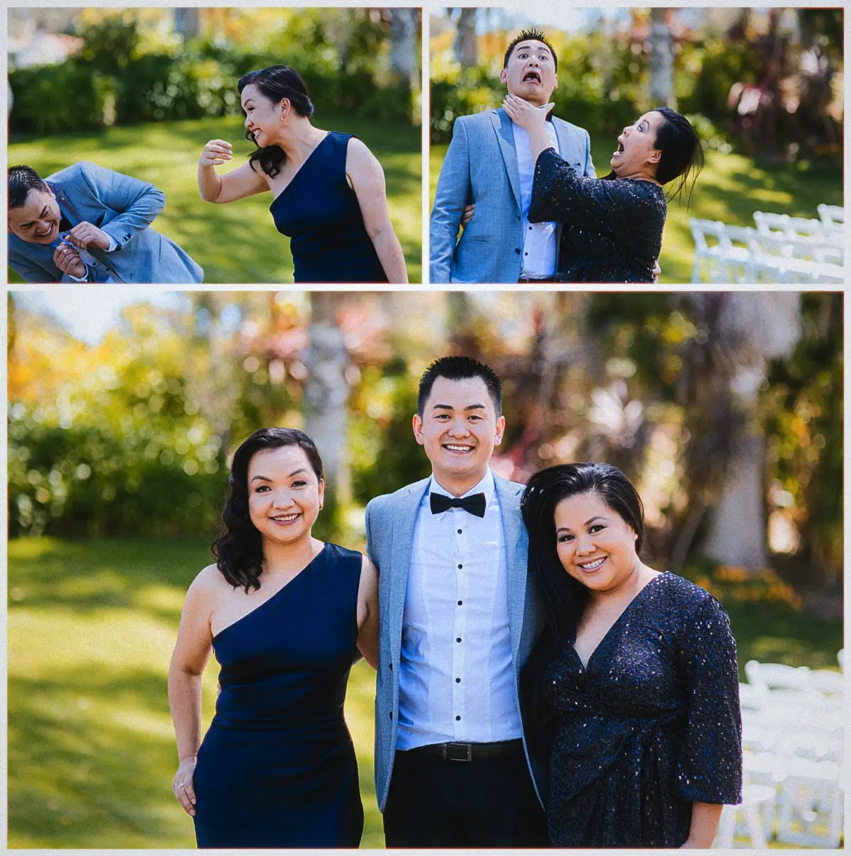 Andrew pulls comic faces with two laughing guests in navy dresses beside the ceremony chairs
