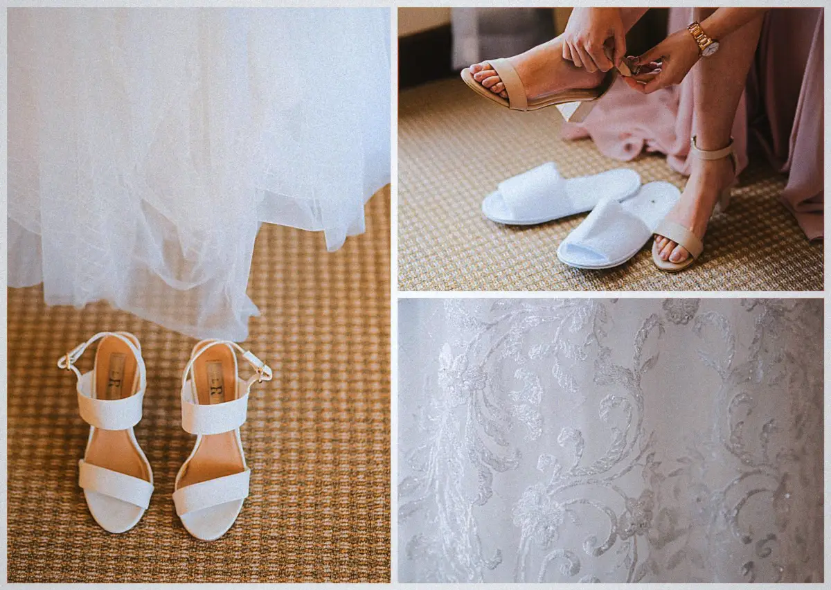 Collage of Natalie's white bridal sandals, veiled hem and a bridesmaid fastening a heel