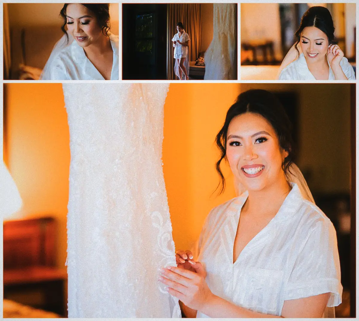 Natalie touches her earring beside her gown in the warm glow of the hotel room
