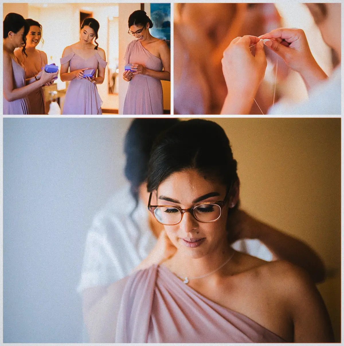 Bridesmaids in mauve dresses open gift boxes and fasten necklaces before the ceremony