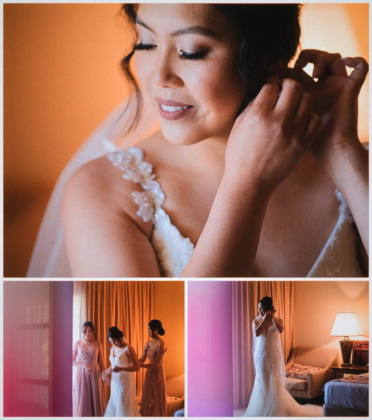 Natalie fastens her earring as bridesmaids help her into her lace wedding gown
