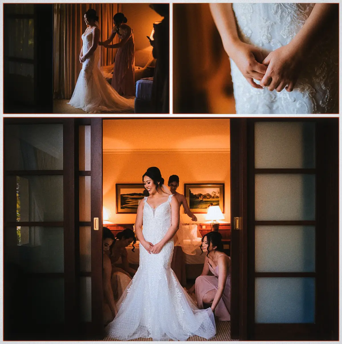 Bridesmaids lace Natalie into her gown and arrange the train in the glowing suite