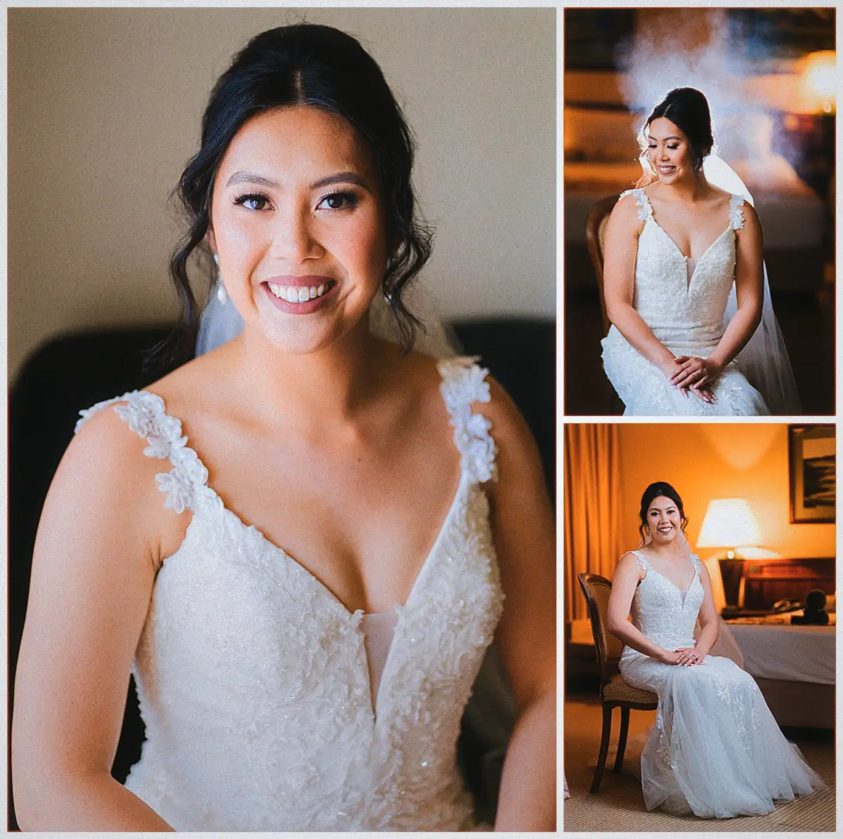 Collage of Natalie in her lace gown smiling and seated in the lamplit hotel suite