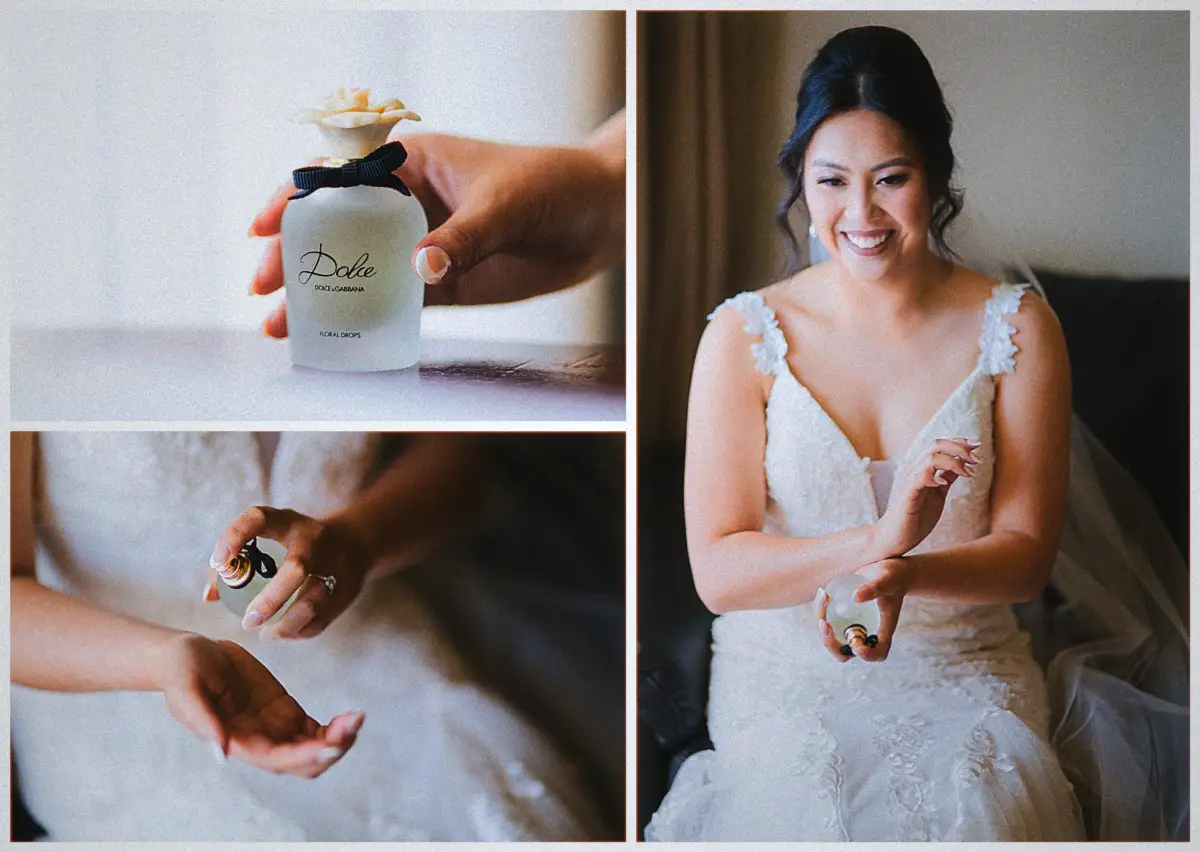 Collage of a frosted perfume bottle and Natalie dabbing fragrance on her wrist in her gown