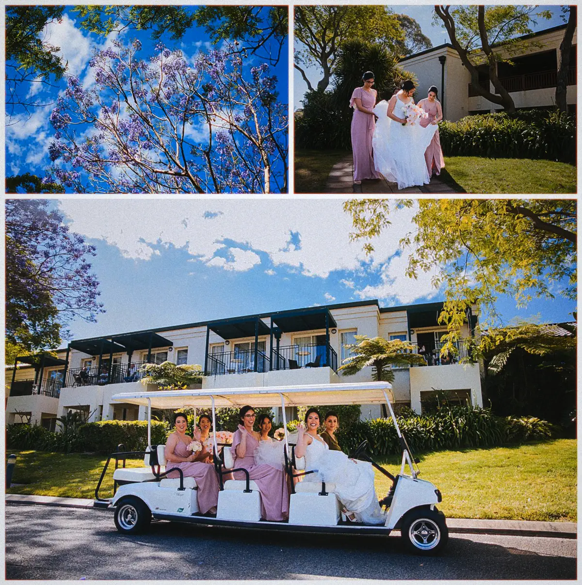 Natalie and her bridesmaids in mauve ride a golf cart past jacarandas and resort villas