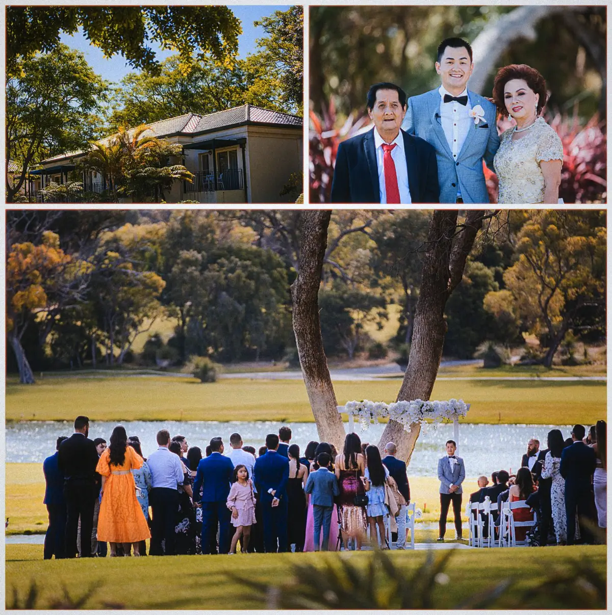Collage of a resort villa, Andrew with his parents, and guests gathering by the lakeside arbour
