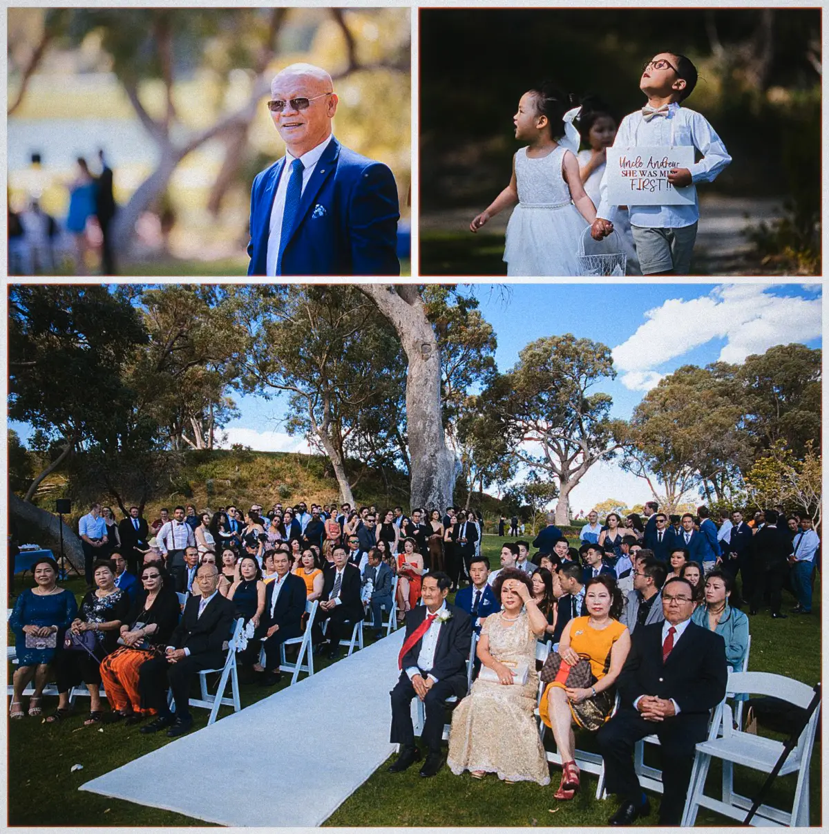 Collage of Natalie's beaming father, a page boy with a cheeky sign, and guests under the gums
