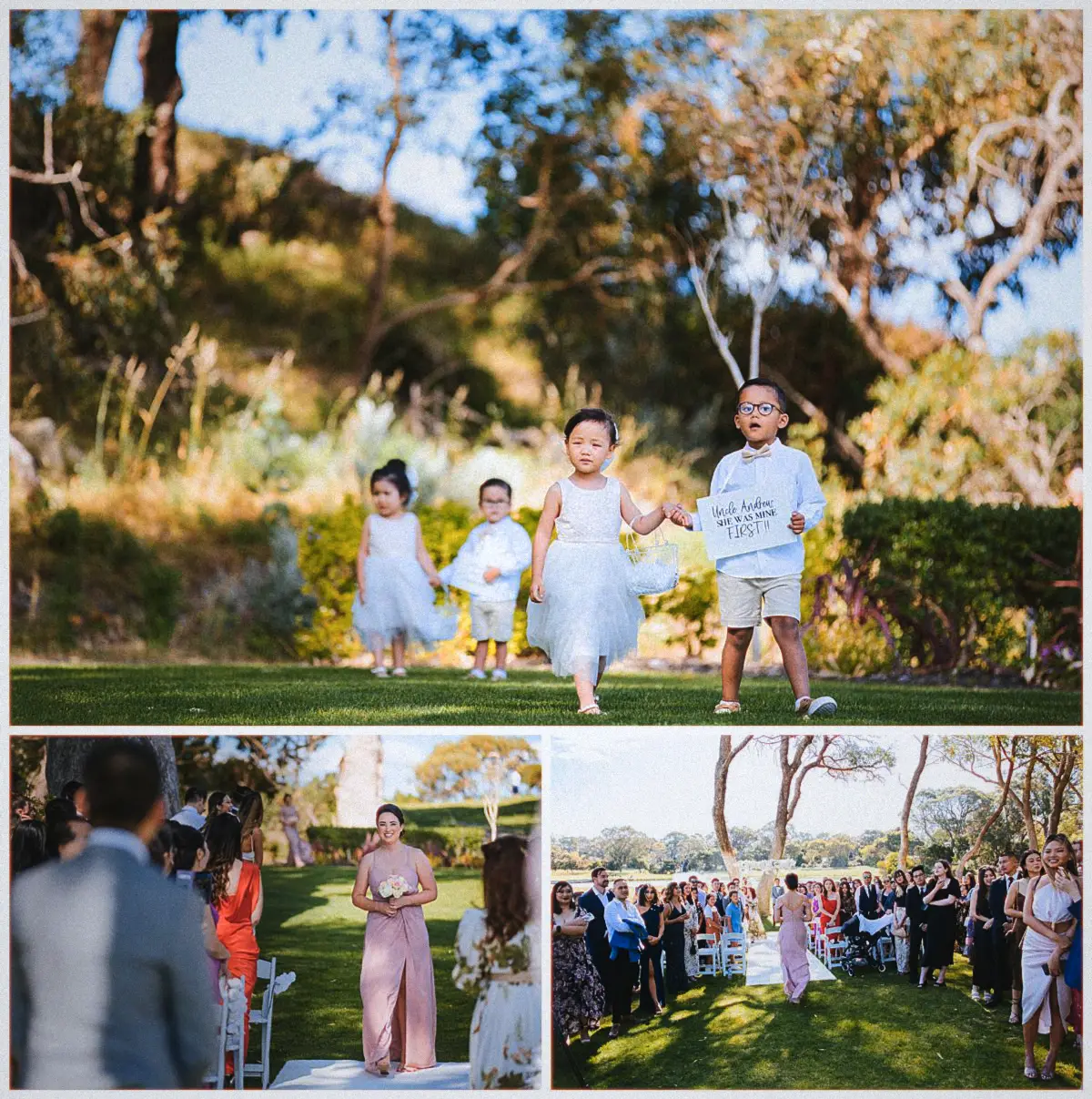 Flower girls and a page boy with a cheeky sign cross the lawn as the bridesmaids walk the aisle