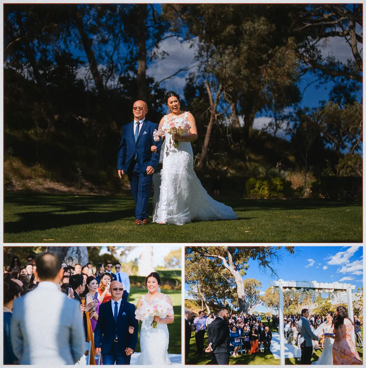 Natalie on her father's arm walks a tree-lined lawn aisle toward Andrew at Joondalup Resort