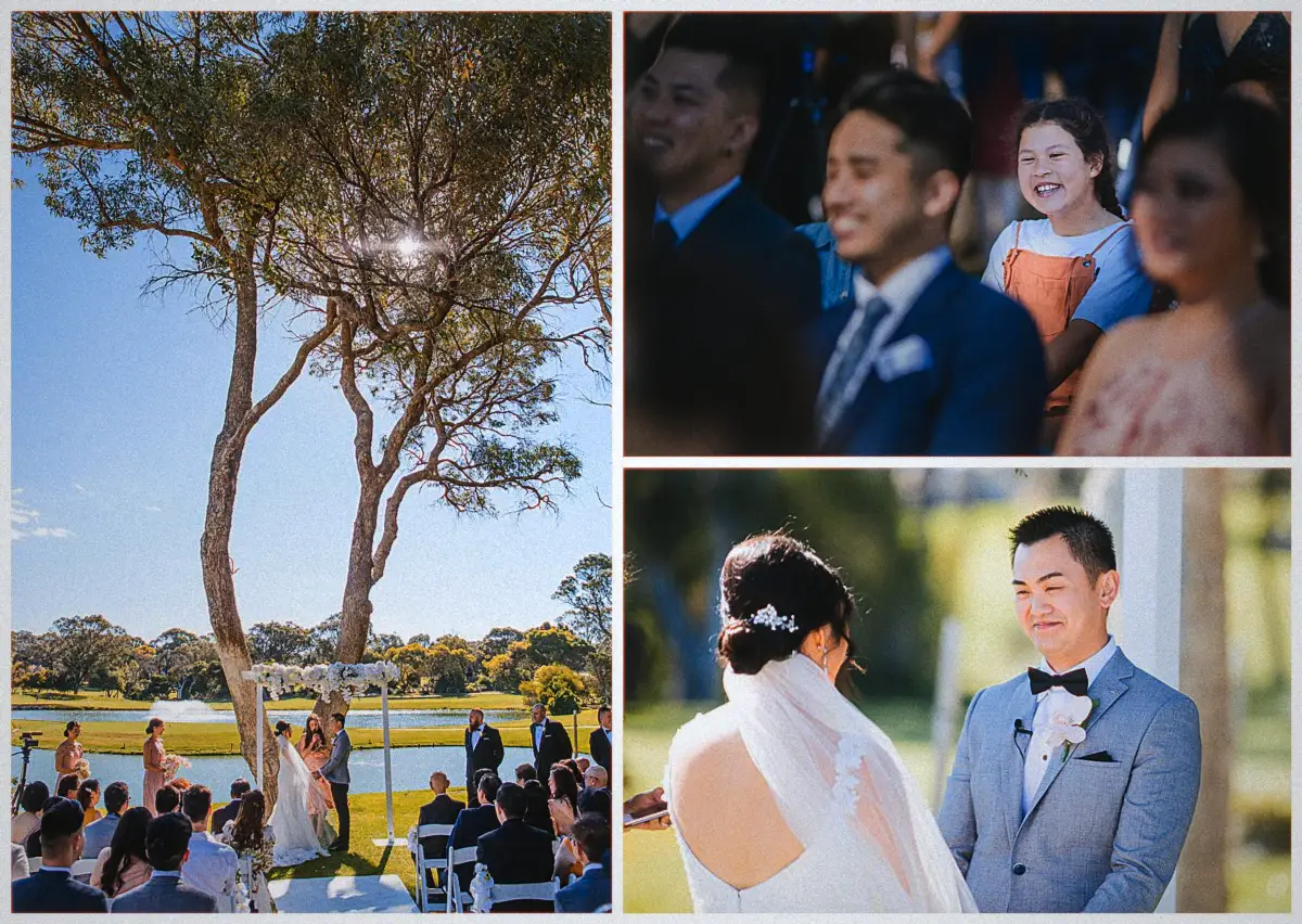Sunny lakeside ceremony at Joondalup Resort as Andrew beams at Natalie beneath a white floral arbour