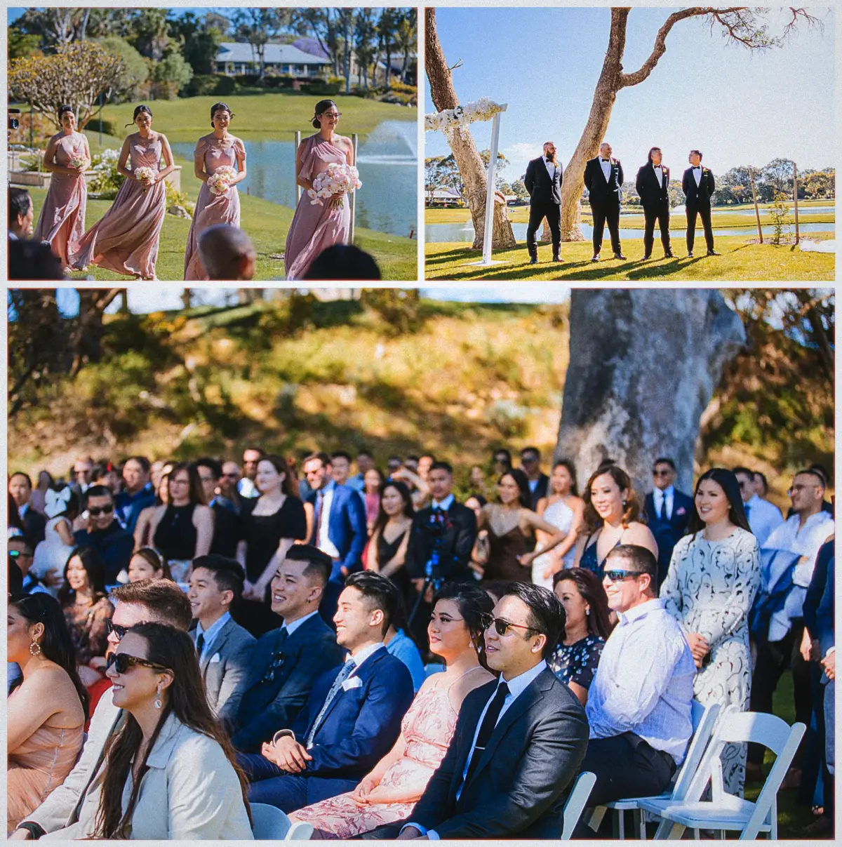 Blush-gowned bridesmaids and black-suited groomsmen line up by the lake before Joondalup Resort guests