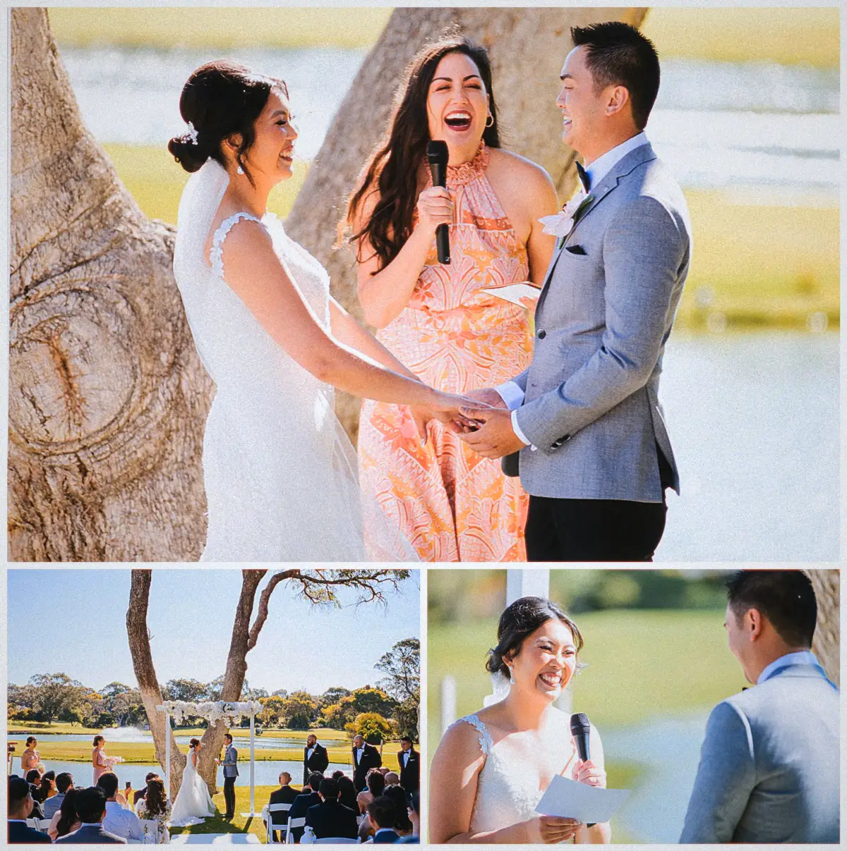 Natalie and Andrew laugh hand in hand as their celebrant speaks at a lakeside Joondalup Resort ceremony