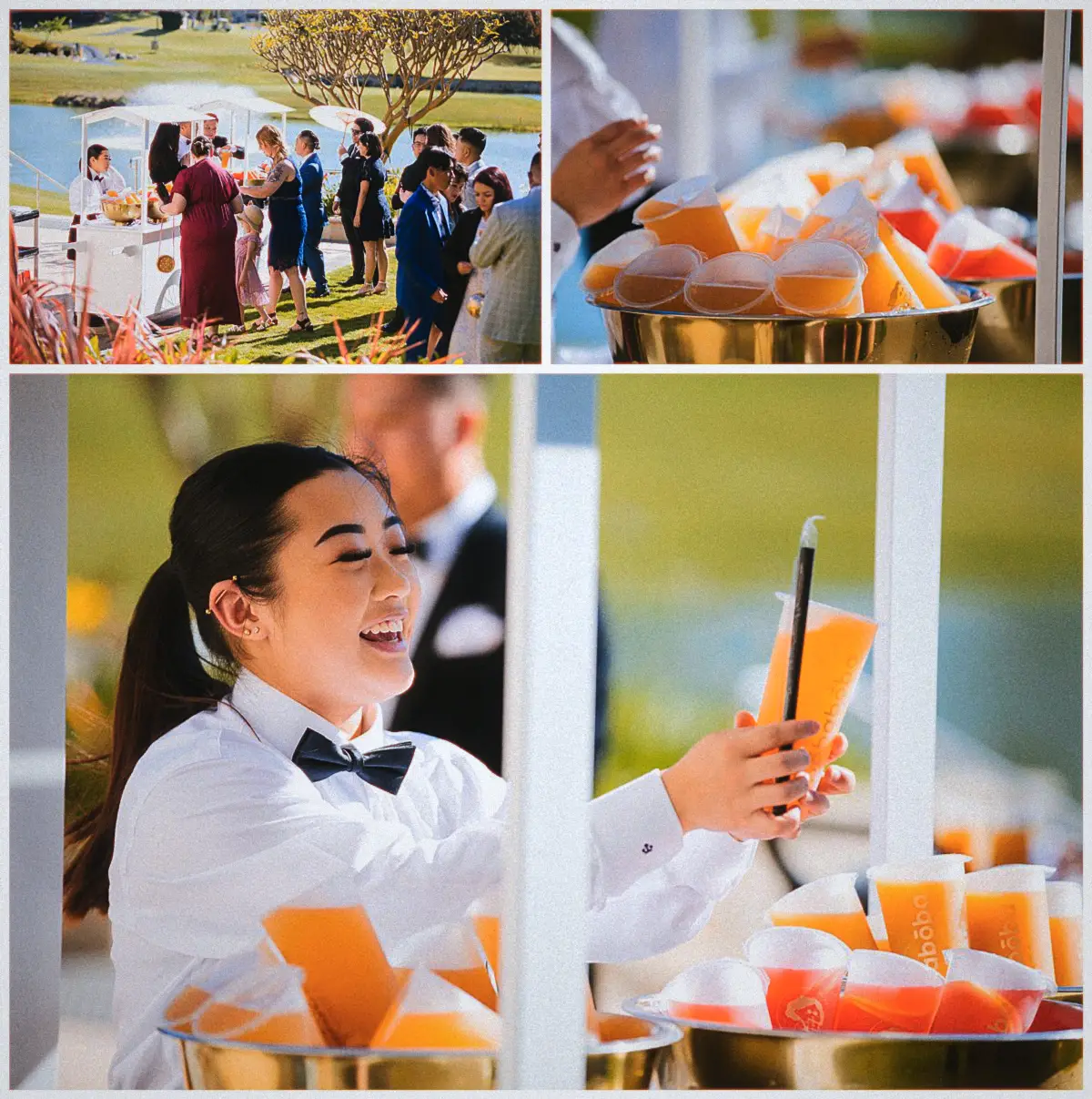 Guests queue at a drinks cart on the resort lawn as a smiling server holds out an iced orange cocktail