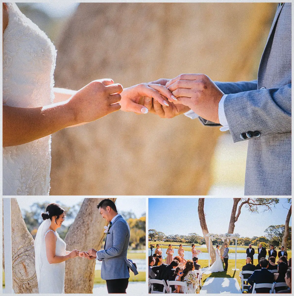 Close-up of Andrew slipping the wedding ring onto Natalie's finger in warm lakeside light