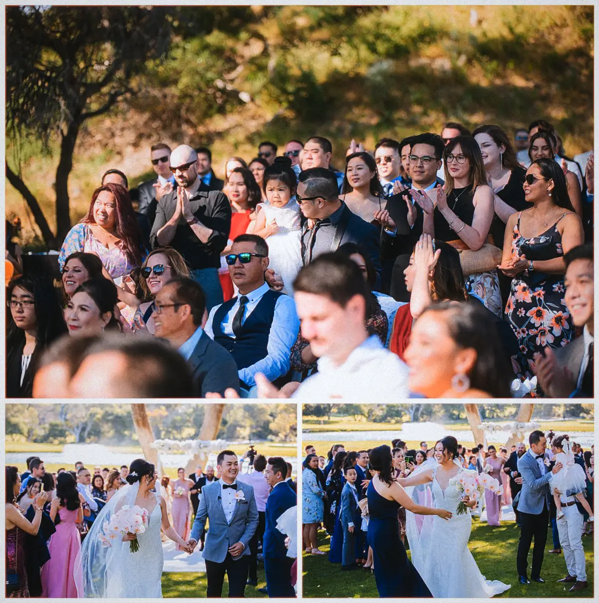 Joondalup Resort guests stand and applaud as the newlyweds grin their way back up the aisle
