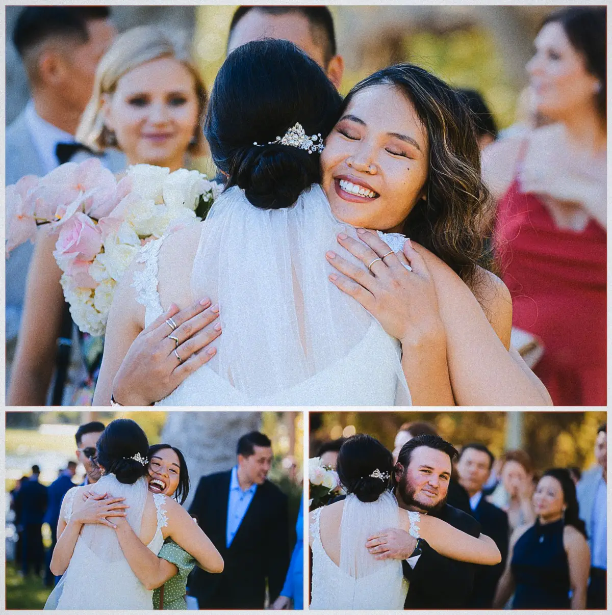 Natalie closes her eyes in a joyful embrace with a wedding guest beside her blush and white bouquet