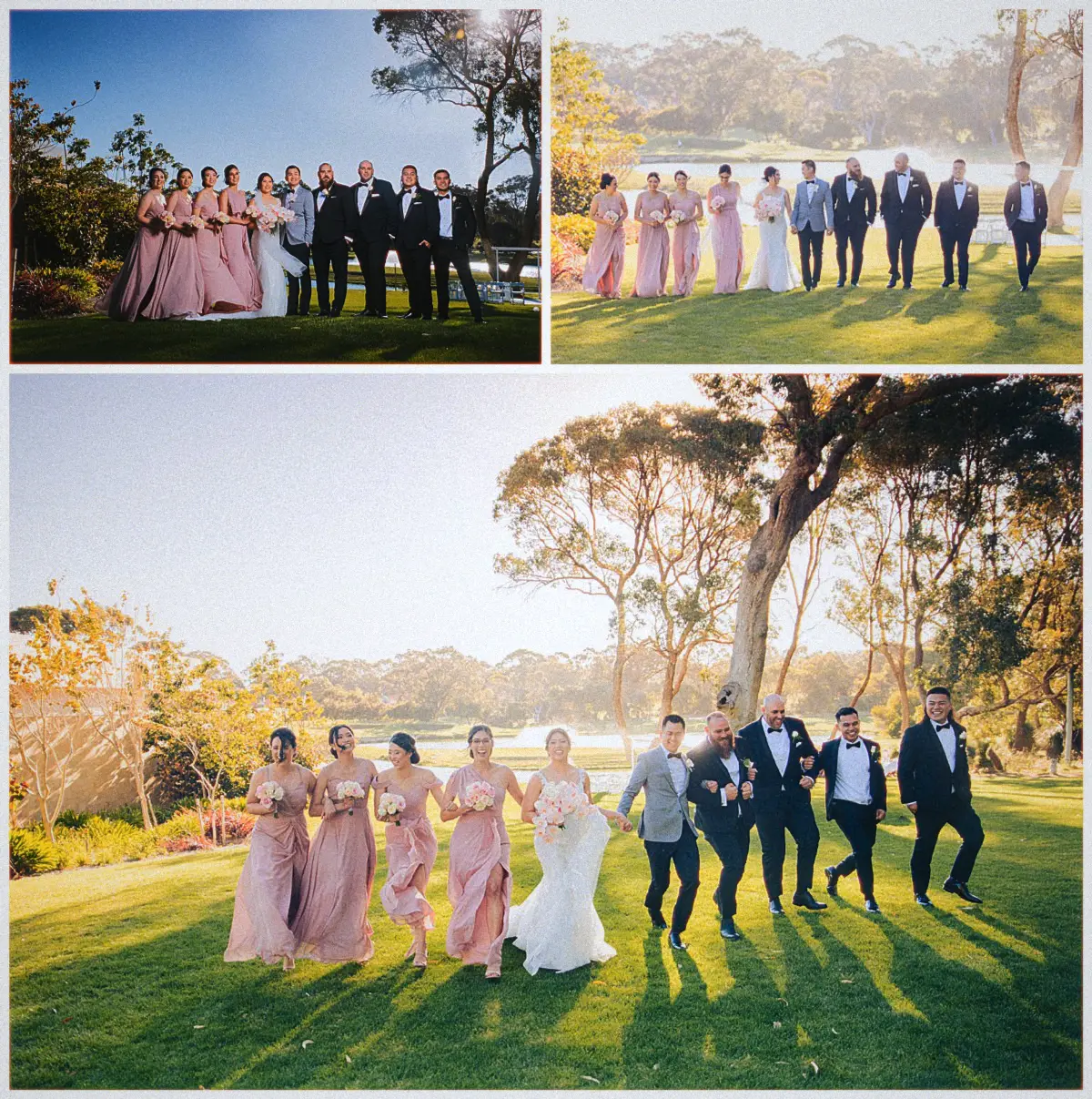 The blush-gowned bridesmaids and black-tie groomsmen stride laughing across the golden lakeside lawn