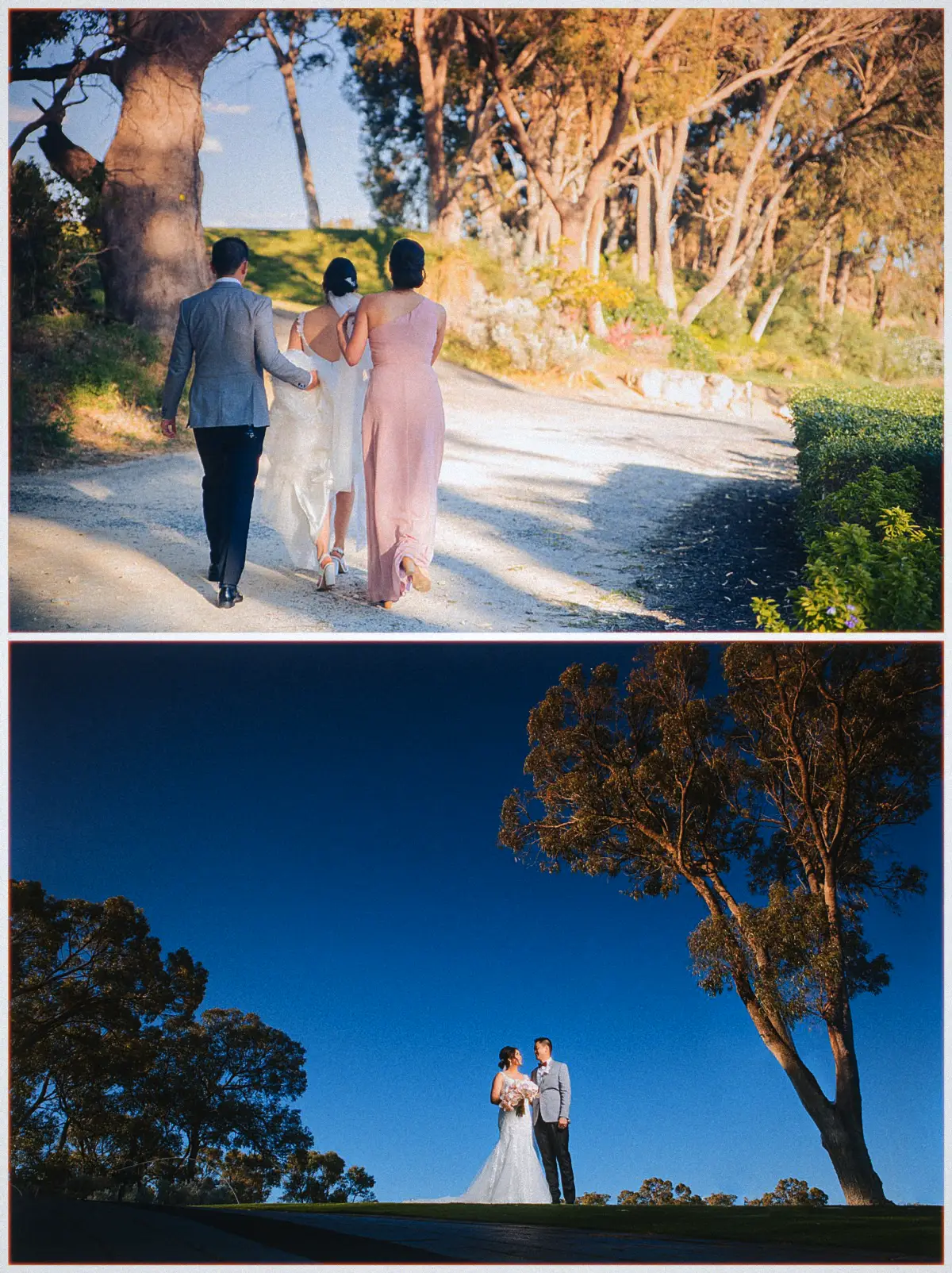 Natalie and Andrew walk a sunlit gravel path with their wedding party, then embrace on the golf course green