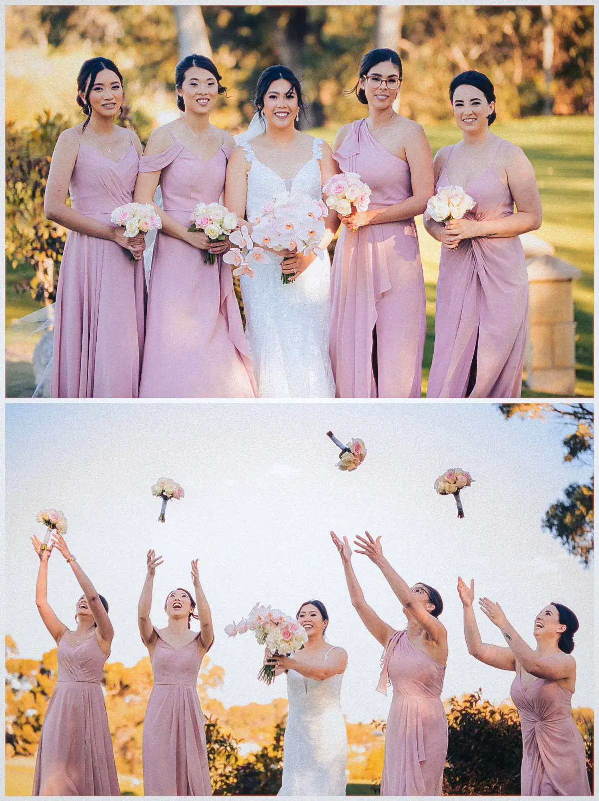 Natalie poses with her five blush-dressed bridesmaids before they toss their bouquets skyward in laughter